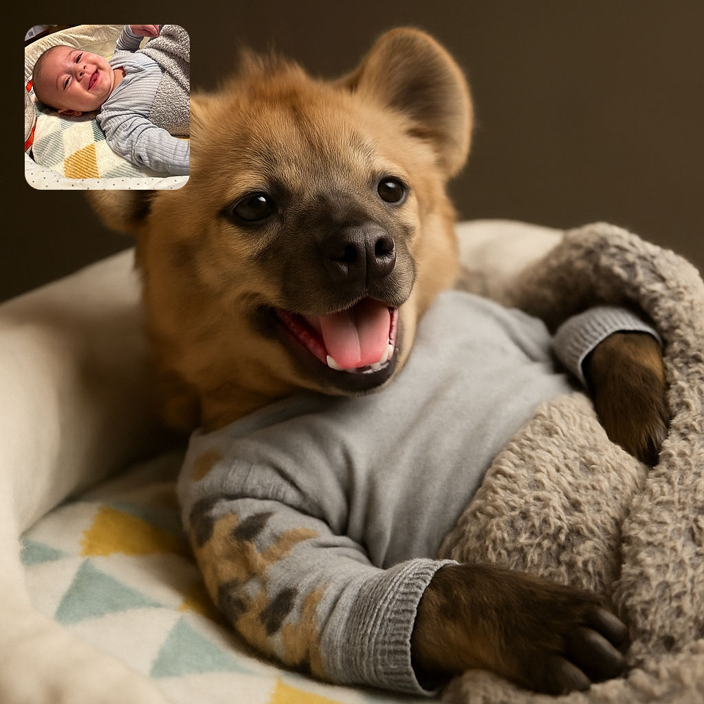 A happy baby wrapped in a cozy blanket, smiling with tiny teeth visible, lying comfortably on a patterned soft surface with a calm indoor background.