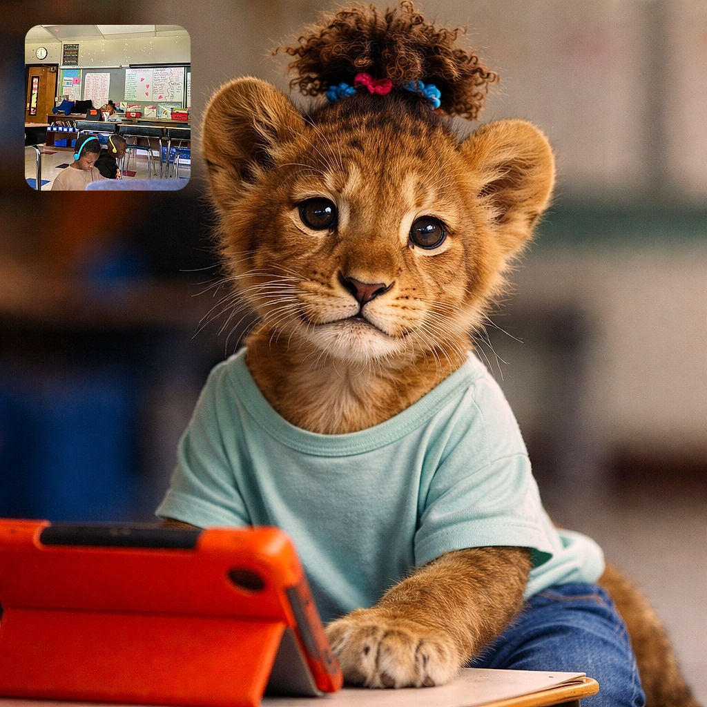 Three kids in a classroom, two boys in the foreground with colorful headphones deeply focused on their tasks, while a girl in the background enjoys a snack and tablet time. The classroom walls are decorated with educational posters and colorful bins, giving a lively school vibe.