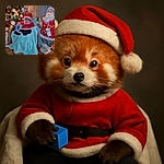 A cute baby dressed as Santa Claus sits comfortably on a blue blanket-covered chair next to a festive Christmas tree and a large Santa Claus decoration, with warm holiday lights creating a cozy atmosphere. The photo includes a small text overlay saying 'mercredi 18:50' with hearts, adding a sweet timestamp to the moment.