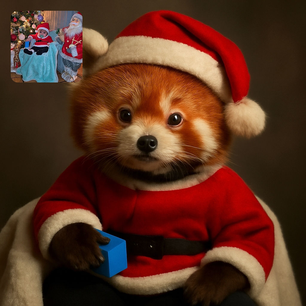 A cute baby dressed as Santa Claus sits comfortably on a blue blanket-covered chair next to a festive Christmas tree and a large Santa Claus decoration, with warm holiday lights creating a cozy atmosphere. The photo includes a small text overlay saying 'mercredi 18:50' with hearts, adding a sweet timestamp to the moment.