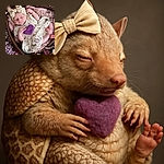A peaceful newborn baby wrapped in a delicate lace dress and a big cream bow headband, sleeping soundly inside a heart-shaped wooden bowl surrounded by soft pink and purple flowers, clutching a fuzzy purple heart—pure cuteness wrapped in floral love.