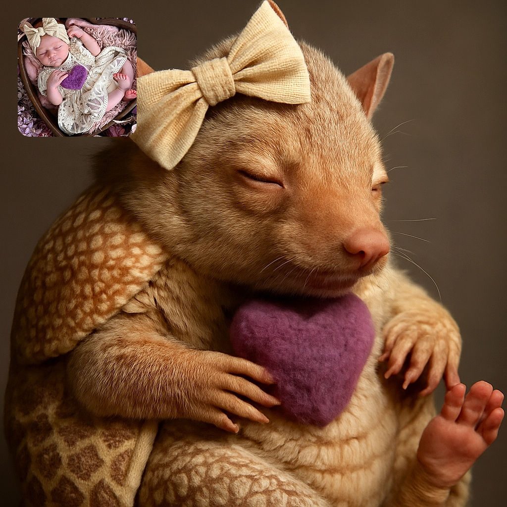 A peaceful newborn baby wrapped in a delicate lace dress and a big cream bow headband, sleeping soundly inside a heart-shaped wooden bowl surrounded by soft pink and purple flowers, clutching a fuzzy purple heart—pure cuteness wrapped in floral love.