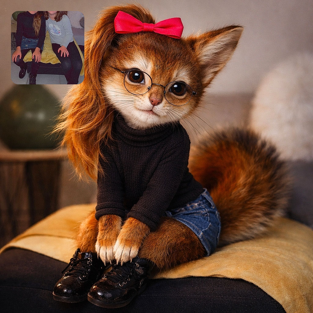 Two young girls sitting closely on a couch, smiling warmly at the camera. One wears glasses and a black top with a pink bow, while the other has a floral headband and a light-colored shirt. The cozy living room setting includes a yellow blanket and decorative pillows in the background.