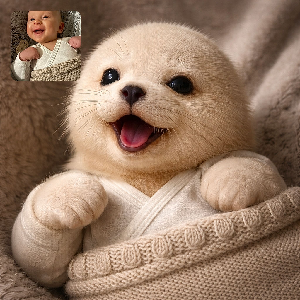 A beaming baby stares up like a tiny comedian — fists raised in triumph, chubby cheeks gleaming, snuggled in a knitted blanket on a plush gray throw with a pacifier tucked nearby. Soft, warm, and overwhelmingly cute.