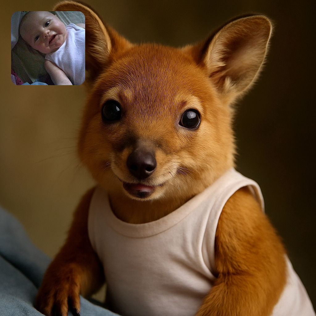 A close-up photo of a smiling baby lying down, wearing a white sleeveless shirt, with soft lighting and a cozy background of blankets and fabrics.