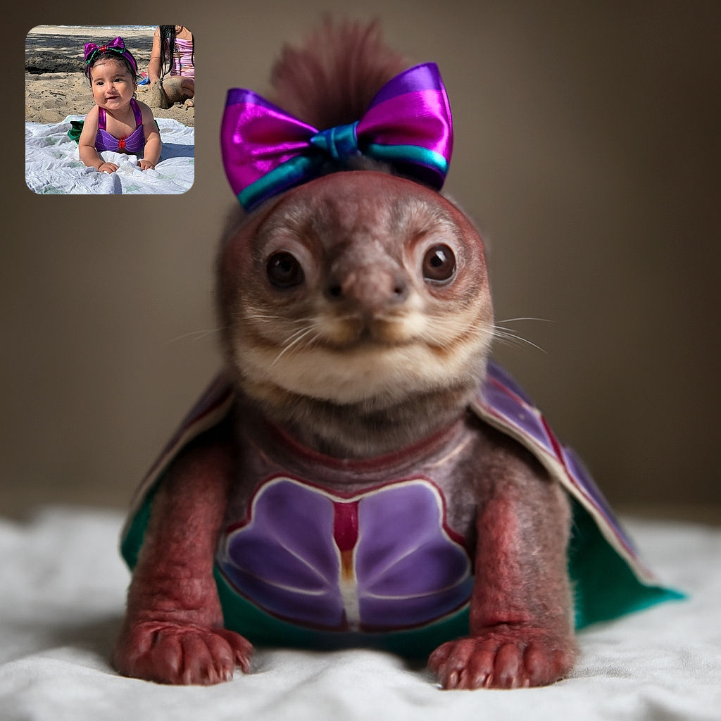 A joyful baby girl in a shiny purple and green mermaid-themed swimsuit with a matching big bow headband is lying on a white blanket at the beach, with another child playing in the sand in the background near the water.