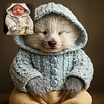 A peacefully sleeping baby bundled up in a cozy, chunky knit blue hoodie and soft cream pants, looking like the ultimate snuggle champion on a comfy dark gray background.