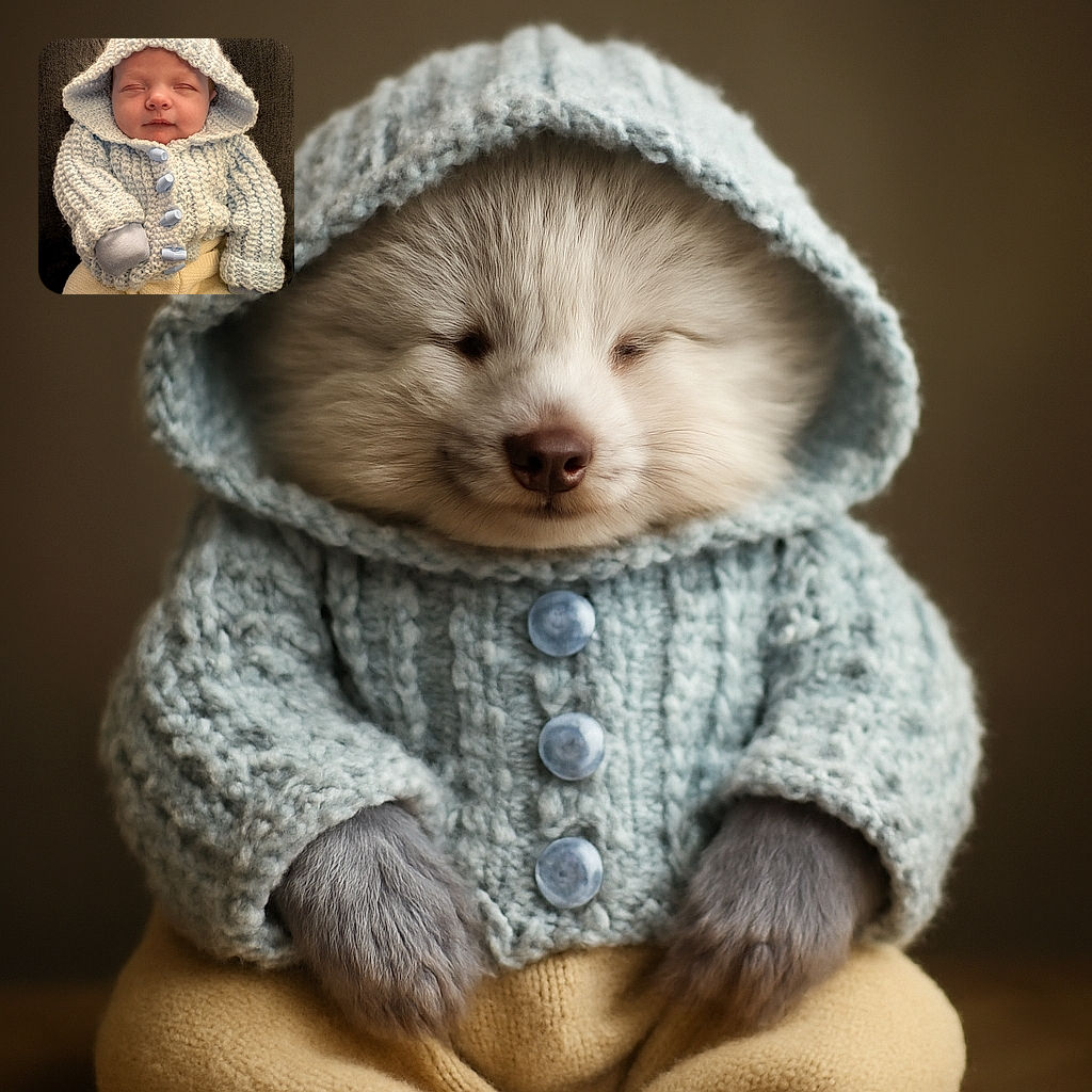 A peacefully sleeping baby bundled up in a cozy, chunky knit blue hoodie and soft cream pants, looking like the ultimate snuggle champion on a comfy dark gray background.