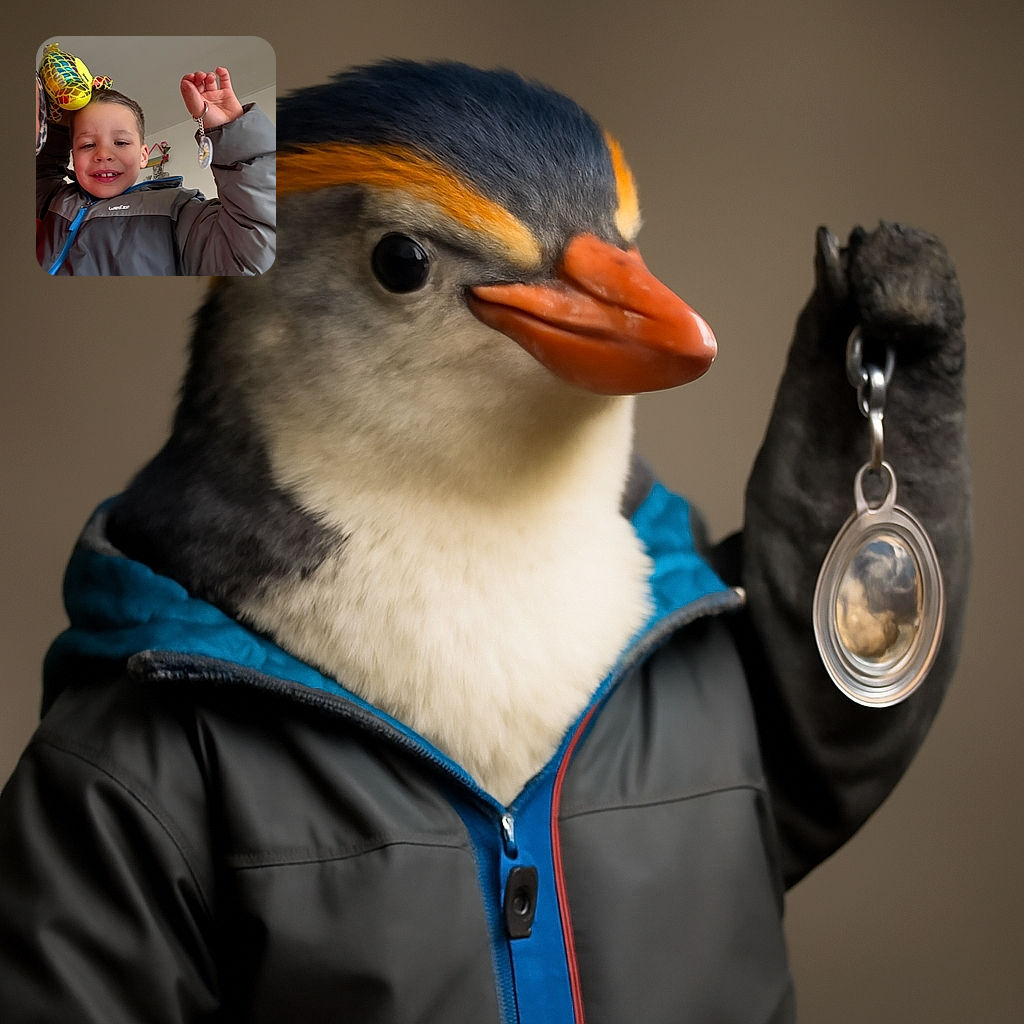 A cheerful young boy wearing a gray and blue jacket proudly holds up a colorful keychain and a shiny toy turtle on his head, smiling with a missing front tooth in a cozy indoor setting with playful decorations in the background.