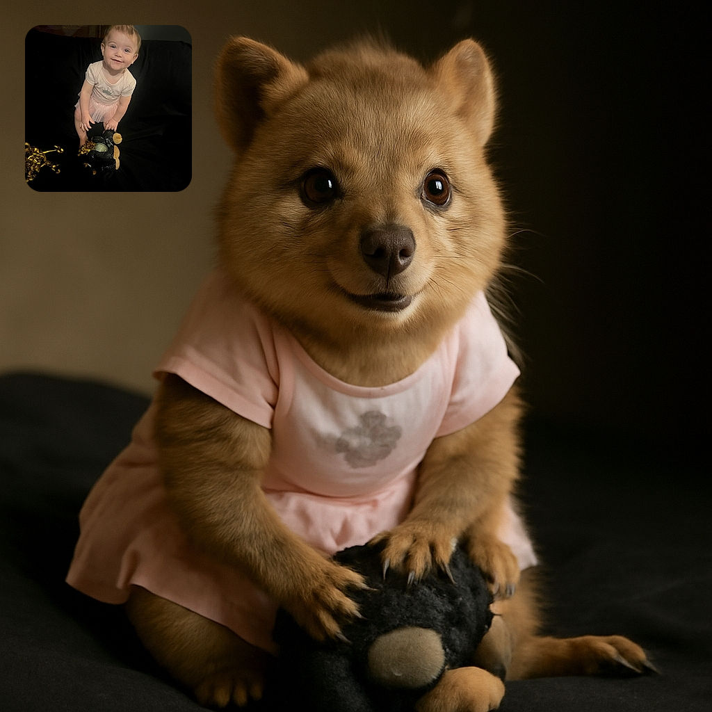 A happy toddler in a pink tutu and white shirt with a crown design looks up with a bright smile, standing on a black surface while holding a black and tan stuffed toy, with golden curly ribbons scattered nearby.