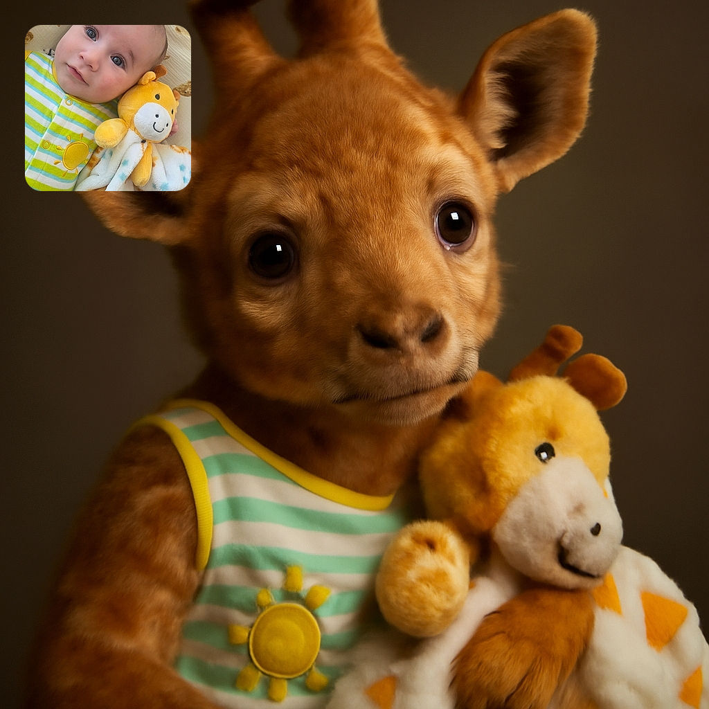 A close-up of an adorable baby lying on a cute bear-patterned blanket, wearing a striped onesie with a sun patch, cuddling a soft yellow and white stuffed animal with a smiling face, looking curiously at the camera with big sparkling eyes.