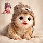 A chubby-cheeked baby lying on a soft blanket, wearing a cute knitted hat with a bear face, eyes wide open and mouth smiling as if discovering the world for the first time.