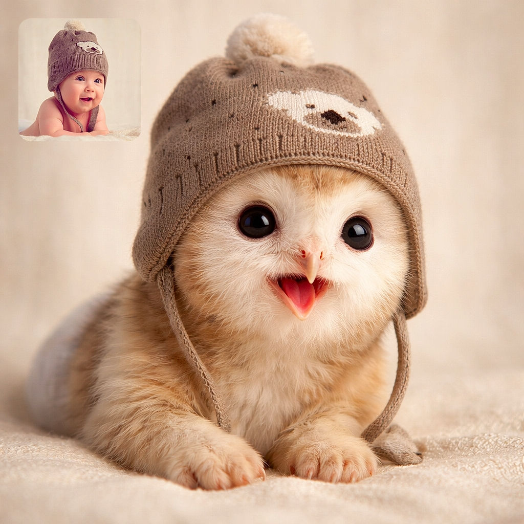 A chubby-cheeked baby lying on a soft blanket, wearing a cute knitted hat with a bear face, eyes wide open and mouth smiling as if discovering the world for the first time.