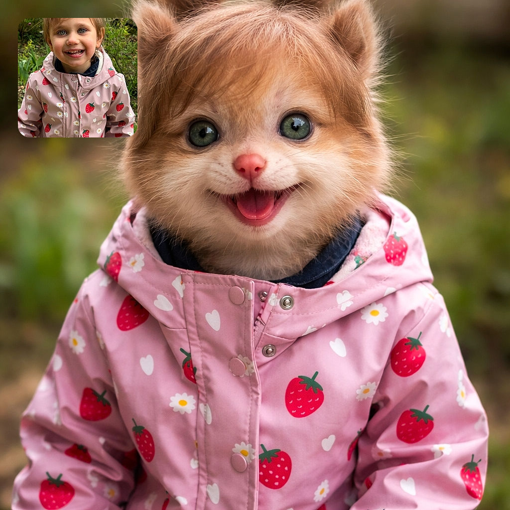 A beaming little adventurer in a strawberry-patterned raincoat is grinning at the camera like they just discovered the secret to perpetual happiness — muddy garden backdrop, missing-tooth charm, and cheeks that could star in a fruit commercial.