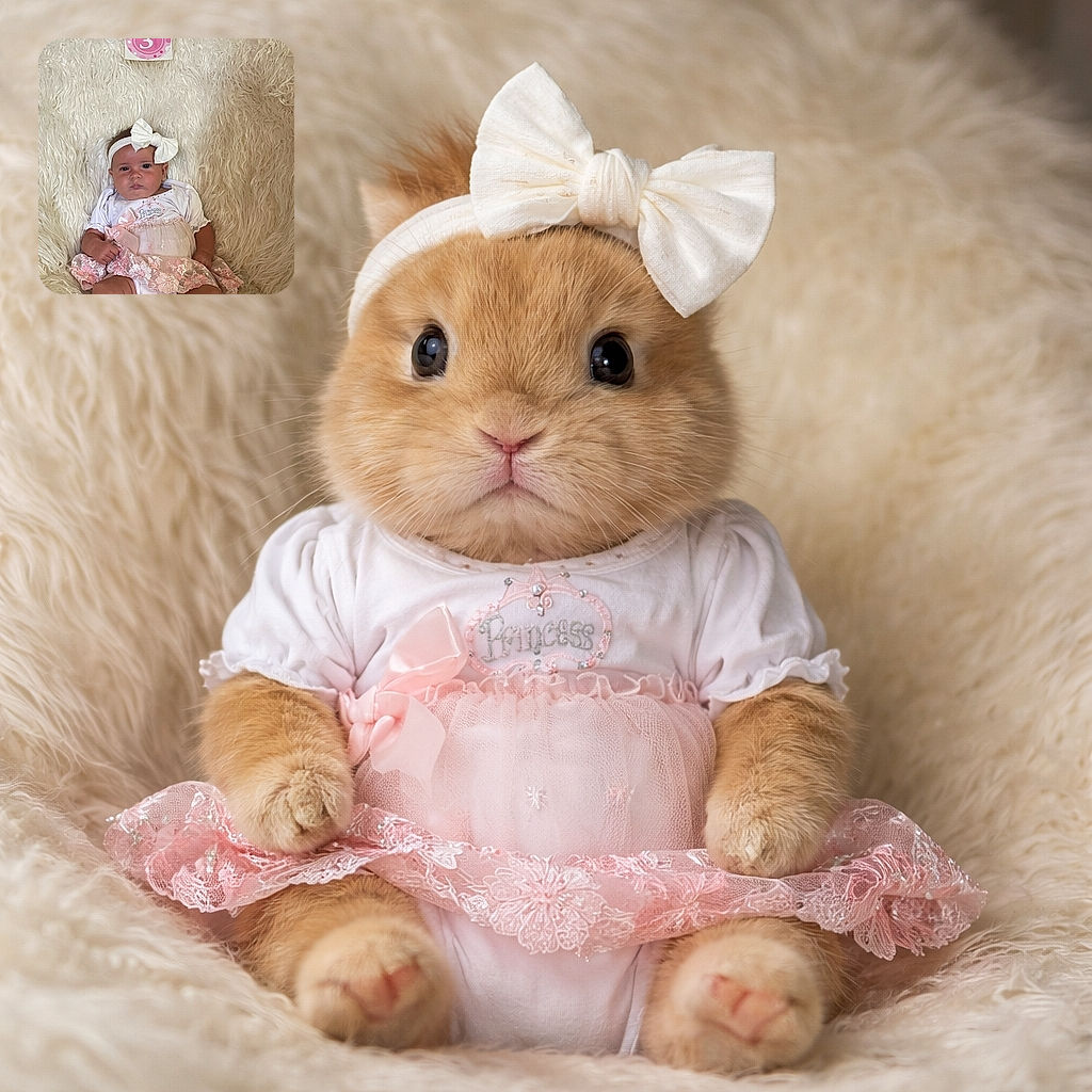 A sweet baby girl dressed in a delicate pink and white outfit with a big bow headband, lying on a fluffy white blanket with a '3 months' sign above her, looking curiously at the camera.