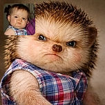 A baby with a fierce, scrunched-up face looks like they're plotting world domination, wearing a plaid outfit and sitting against a blurred background with a hint of purple plaid from an adult nearby.