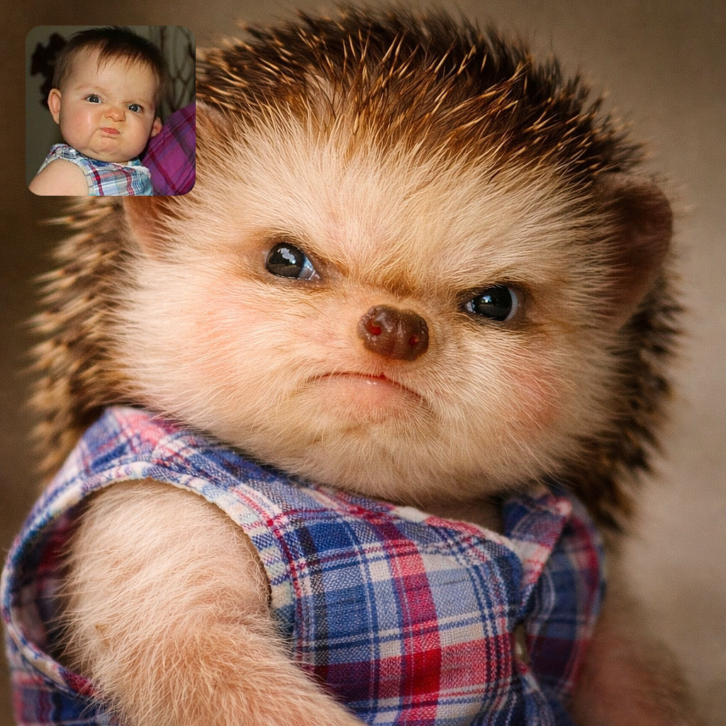A baby with a fierce, scrunched-up face looks like they're plotting world domination, wearing a plaid outfit and sitting against a blurred background with a hint of purple plaid from an adult nearby.