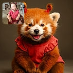 A cheerful baby girl with pink bows and a matching pink outfit sits securely in a wooden high chair, flashing a bright smile that lights up the cozy cafe background with wooden furniture and soft natural light.