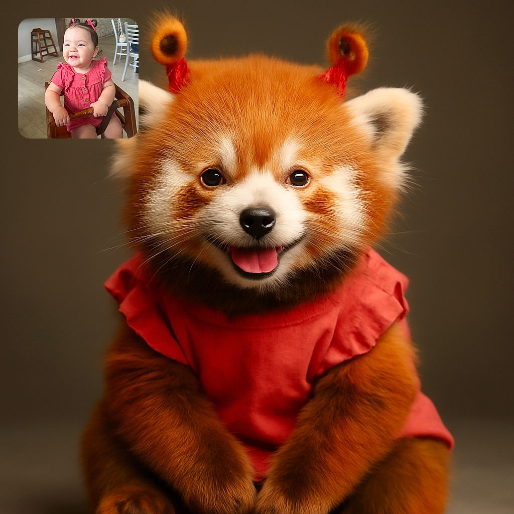 A cheerful baby girl with pink bows and a matching pink outfit sits securely in a wooden high chair, flashing a bright smile that lights up the cozy cafe background with wooden furniture and soft natural light.