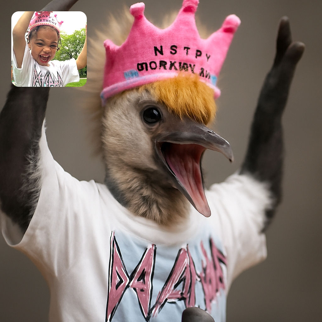 A joyful child celebrating with a bright pink 'Happy Birthday' crown, arms raised in excitement, wearing a Def Leppard t-shirt, with a lush green park background.