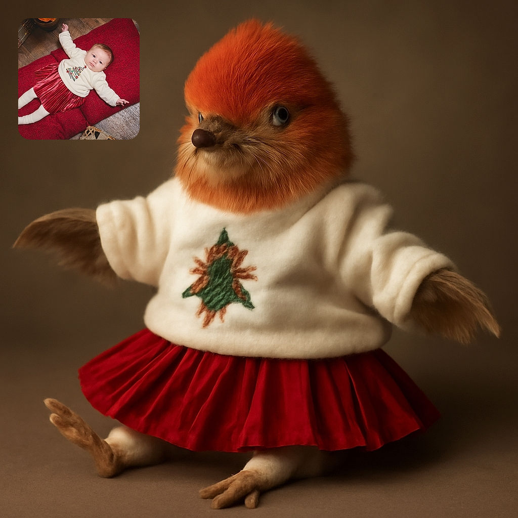 A cute baby dressed in a festive cream sweater and shiny red skirt lies comfortably on a large red cushion, looking curiously at the camera with arms stretched out, surrounded by warm wooden flooring and cozy holiday decorations.