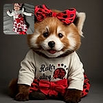 A smiling baby dressed adorably in a ladybug-themed outfit with a big red bow and matching headband, lying on a soft grey blanket, radiating pure joy and cuteness.