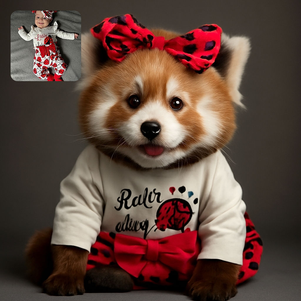A smiling baby dressed adorably in a ladybug-themed outfit with a big red bow and matching headband, lying on a soft grey blanket, radiating pure joy and cuteness.