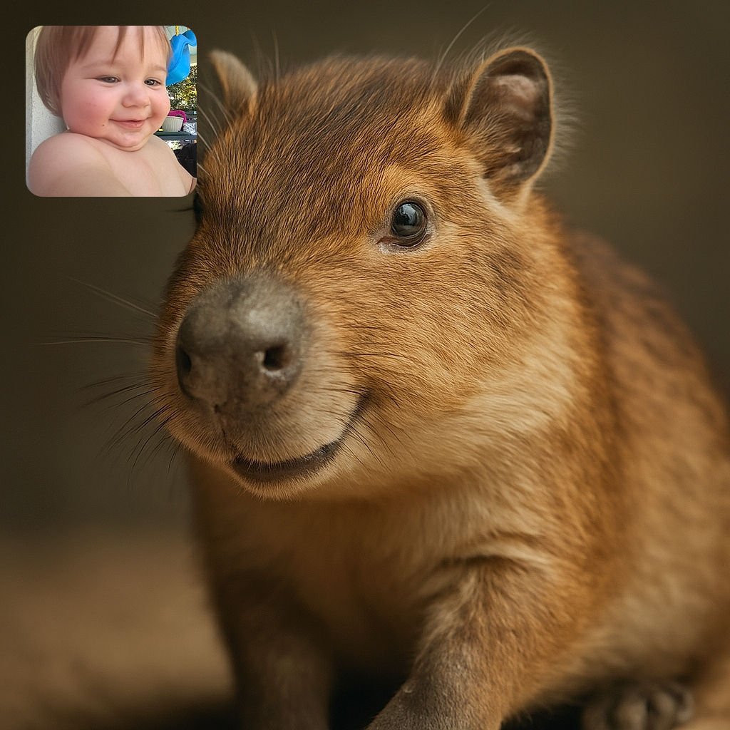 A close-up selfie of a chubby-cheeked toddler smiling mischievously with a blurred outdoor background featuring a blue swing and some garden furniture. The toddler's arm is slightly outstretched, likely holding the camera.