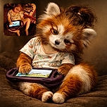 A young child is sitting comfortably on a couch or bed, deeply focused on a tablet device with a colorful screen. The child is wearing a patterned shirt and appears relaxed, surrounded by a cozy blanket or tapestry with warm colors and designs in the background.