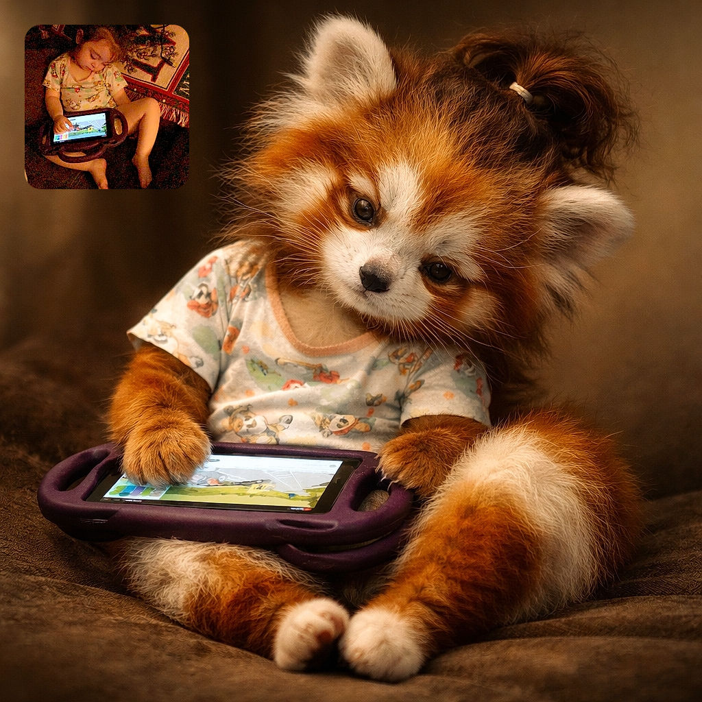 A young child is sitting comfortably on a couch or bed, deeply focused on a tablet device with a colorful screen. The child is wearing a patterned shirt and appears relaxed, surrounded by a cozy blanket or tapestry with warm colors and designs in the background.