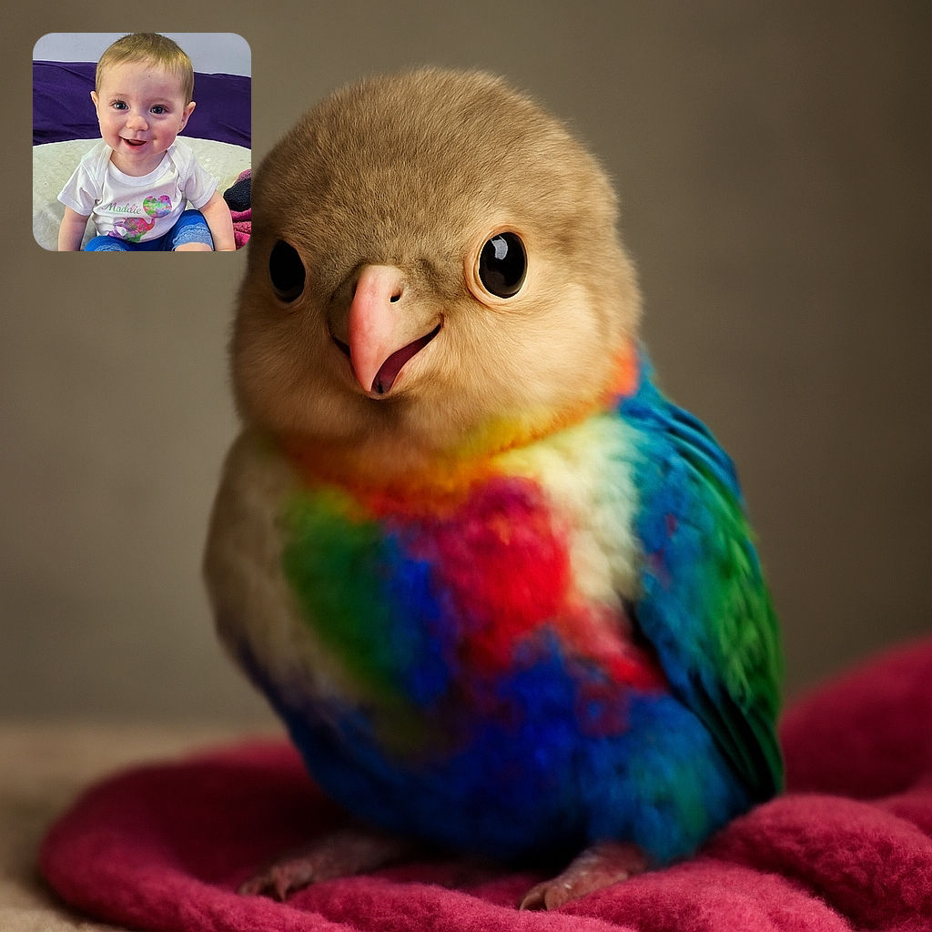 A cheerful baby with bright eyes and a wide smile sits comfortably on a cozy purple couch, dressed in a cute white shirt with colorful designs and blue lace-trimmed pants, surrounded by soft blankets.