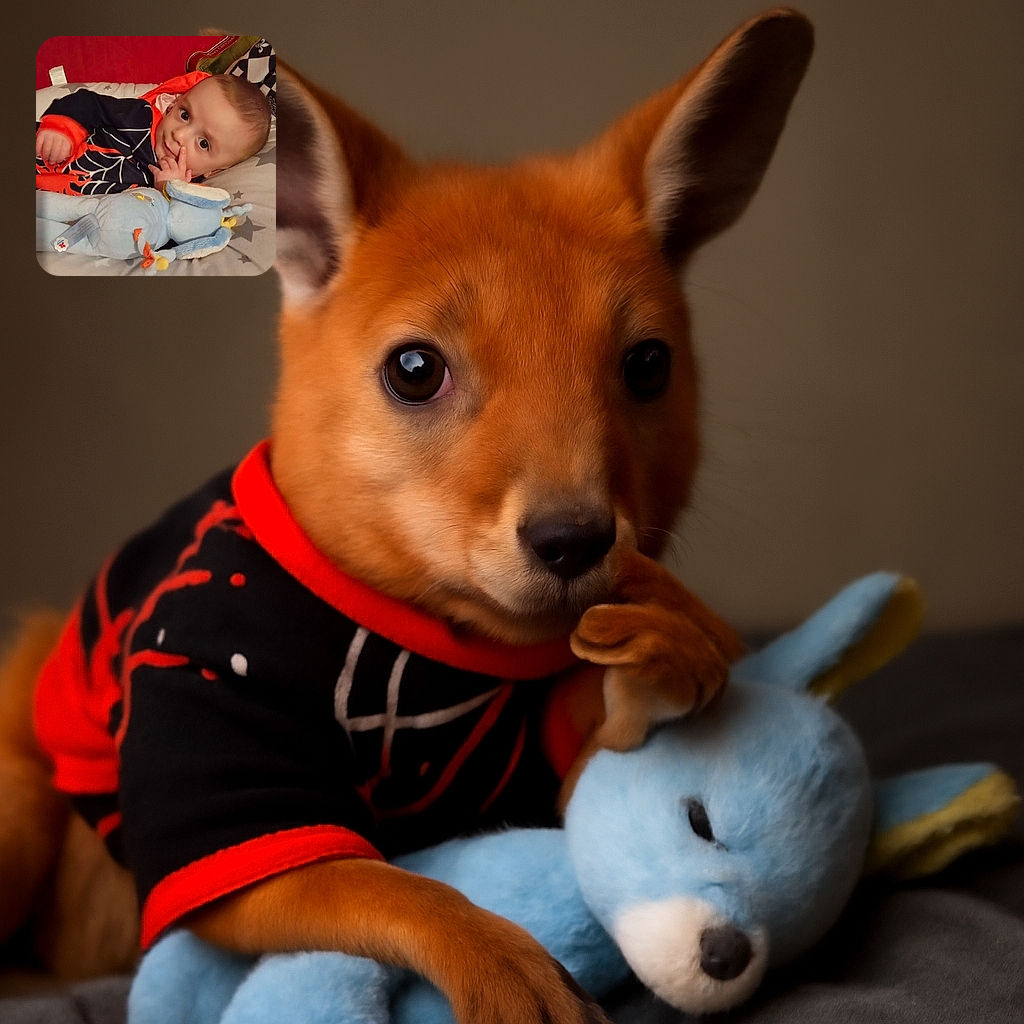 A cute baby dressed in a black and orange spiderweb-themed outfit is lying on a star-patterned blanket, holding a soft blue plush toy, with an inquisitive look and a finger near the nose, set against a warm red background.