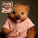 A chubby-cheeked baby in a pink shirt with a bunny design sticks out their tongue playfully while sitting in a high chair with a cozy plaid cushion behind them and a wooden chair in the background.