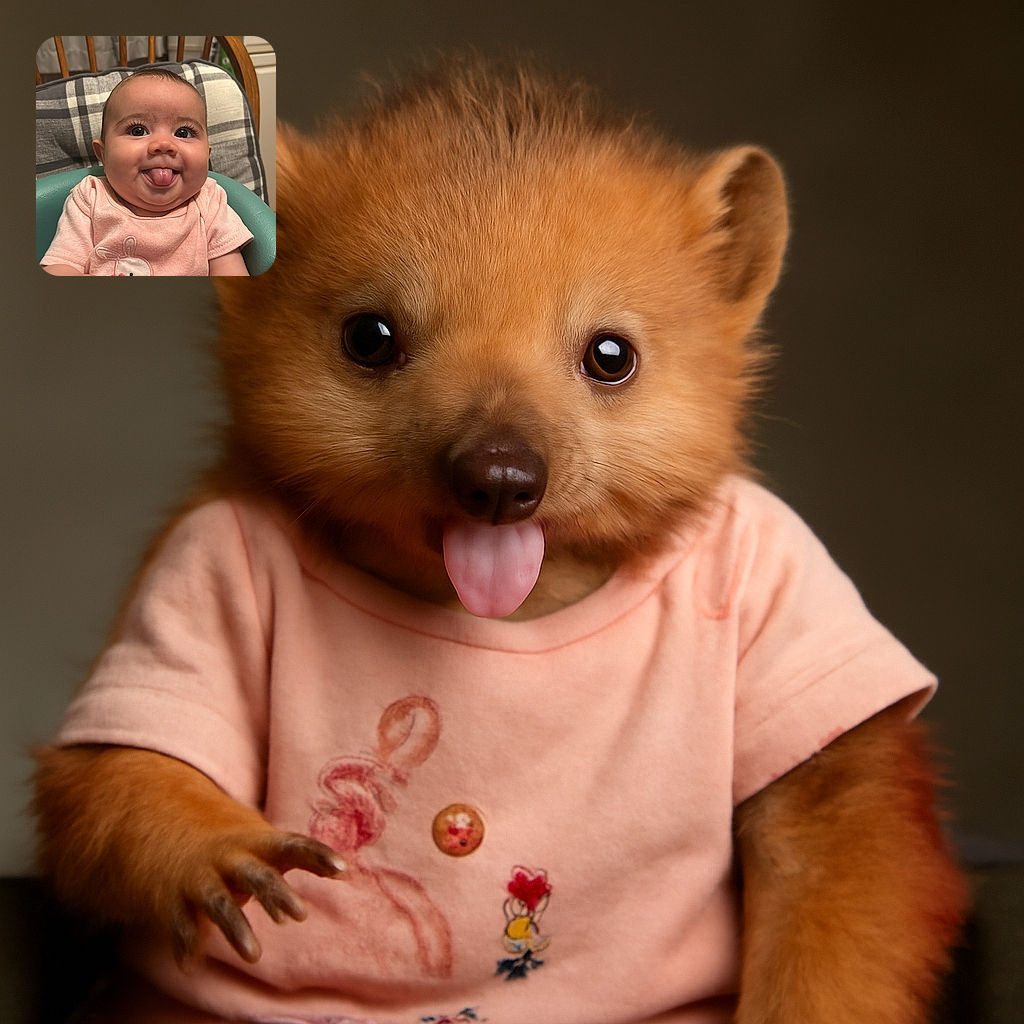 A chubby-cheeked baby in a pink shirt with a bunny design sticks out their tongue playfully while sitting in a high chair with a cozy plaid cushion behind them and a wooden chair in the background.