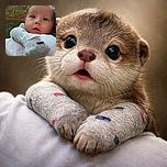 A close-up of a curious baby with wide eyes and a slightly open mouth, bundled in a cozy grey outfit, being held against a white cloth background with a soft-focus natural setting behind.