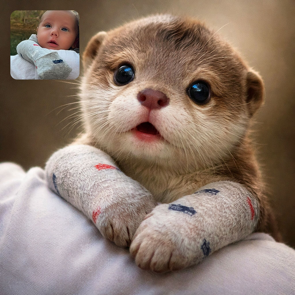 A close-up of a curious baby with wide eyes and a slightly open mouth, bundled in a cozy grey outfit, being held against a white cloth background with a soft-focus natural setting behind.