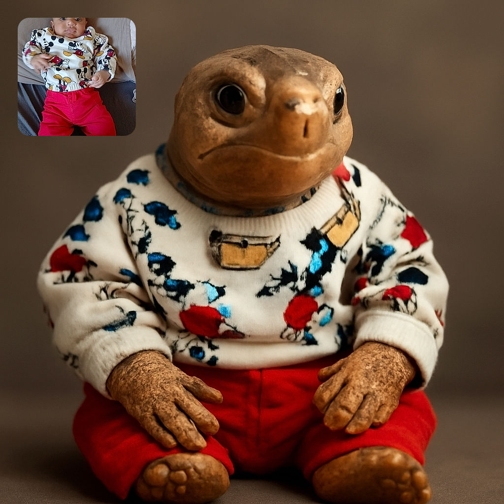 A cute baby dressed in a Mickey Mouse themed sweater and bright red pants lounges comfortably on a cushion with a woven white backdrop, looking curiously at the camera with a slight pout and tiny hands in motion.