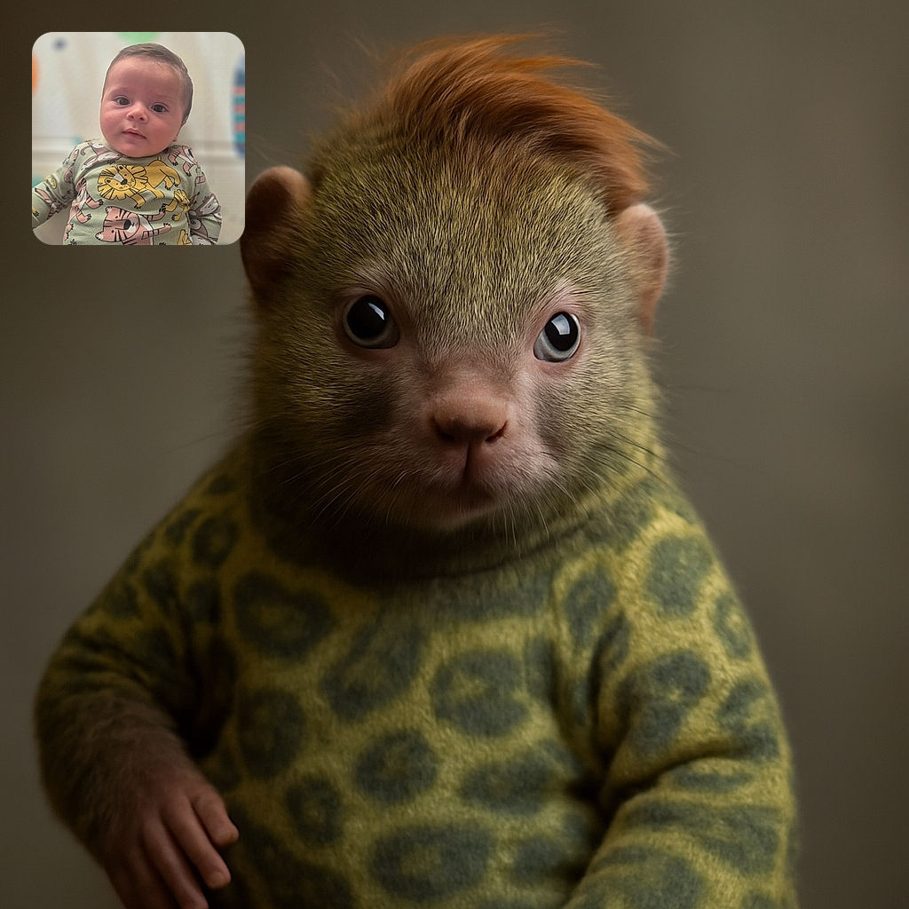 An adorable baby with big curious eyes wearing a playful animal-themed onesie featuring lions, tigers, and monkeys, looking straight at the camera with a soft, blurred background that highlights the baby's face.