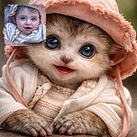 A close-up portrait of an adorable baby wearing a pink sunhat and cozy knitwear, gazing with wide, curious eyes and a slightly open mouth, cradled in the arms of an adult with a tattooed forearm and gold bracelet.