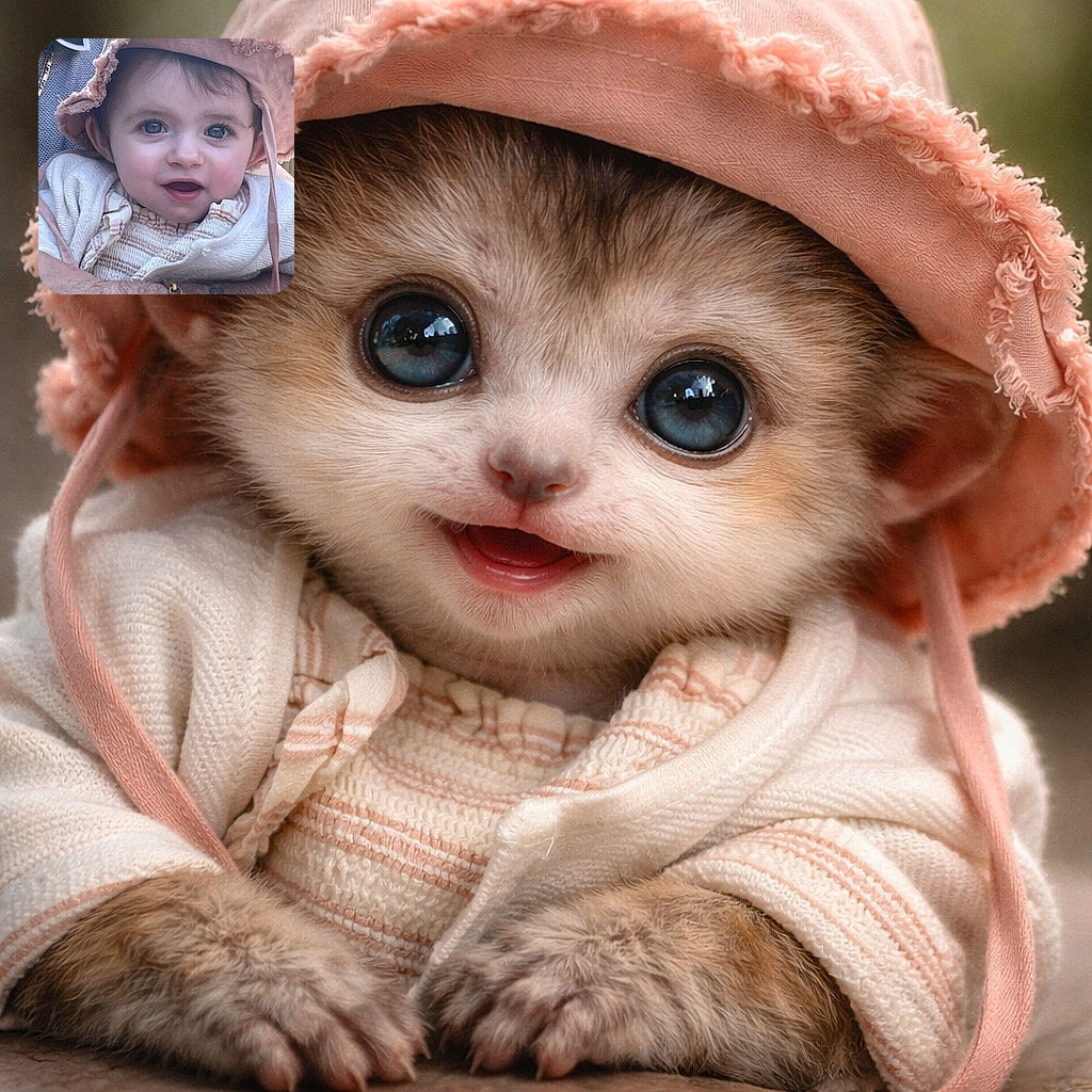 A close-up portrait of an adorable baby wearing a pink sunhat and cozy knitwear, gazing with wide, curious eyes and a slightly open mouth, cradled in the arms of an adult with a tattooed forearm and gold bracelet.
