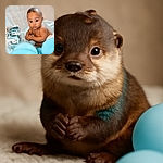 A chubby-cheeked baby with big curious eyes is sitting among blue balloons, with a shiny silver number 5 balloon in the background, looking as if plotting their next adorable move.