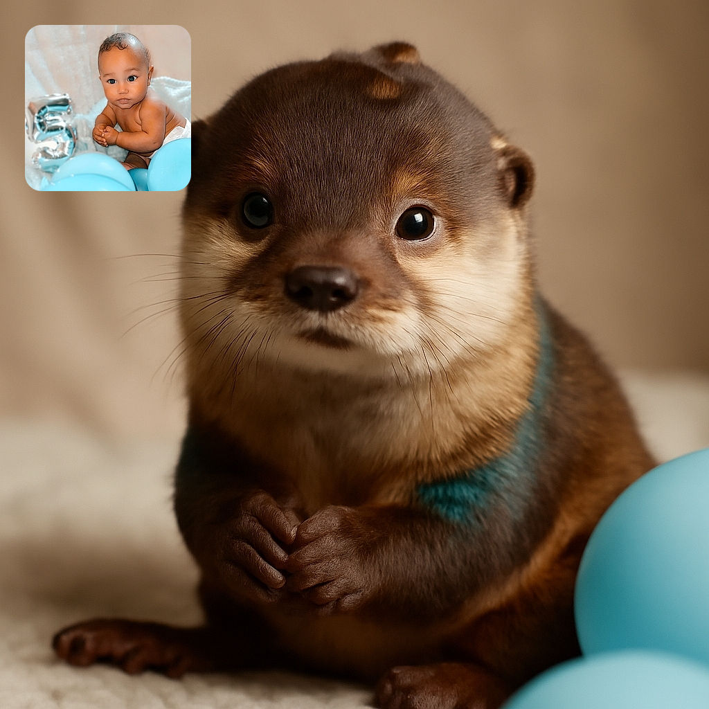 A chubby-cheeked baby with big curious eyes is sitting among blue balloons, with a shiny silver number 5 balloon in the background, looking as if plotting their next adorable move.