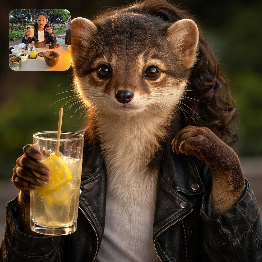 A young girl sitting at an outdoor table filled with various drinks and dishes, holding up a glass with a slice of lemon, surrounded by lush green trees and a clear blue sky, looking directly at the camera with a calm expression.