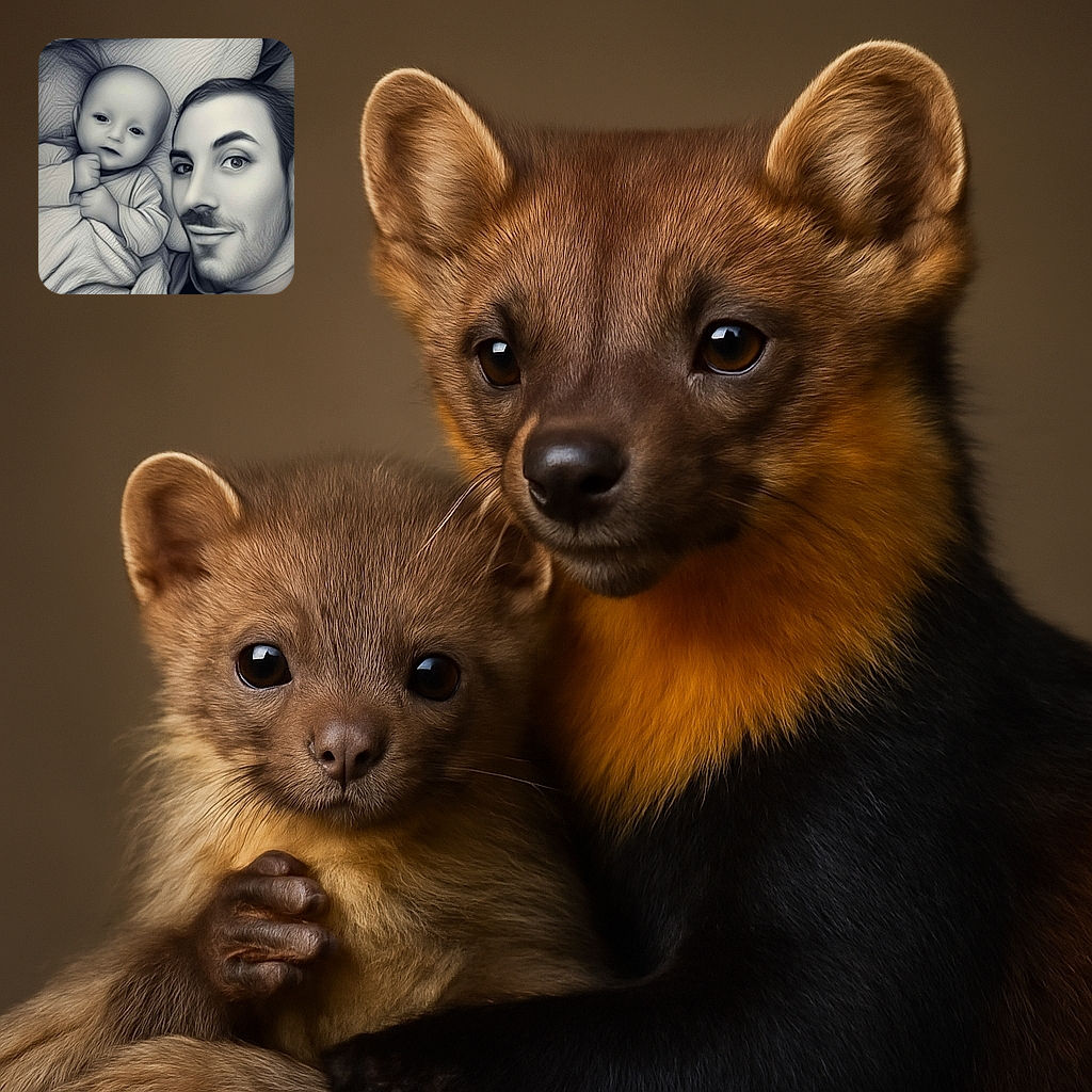 A cozy, stylized black-and-white selfie featuring a smiling adult and a curious baby lying side by side on soft bedding, both looking directly at the camera with a gentle, artistic filter that adds a textured, almost sketch-like effect.
