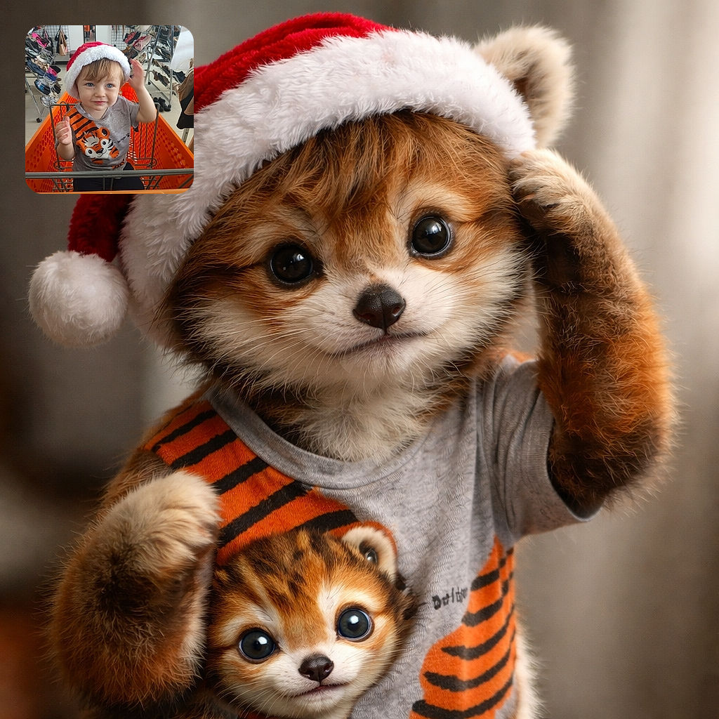 A cute toddler wearing a Santa hat sits in an orange shopping cart inside a shoe store, surrounded by racks of shoes and bags. The child has bright blue eyes and is wearing a playful tiger-themed t-shirt, looking curiously at the camera while adjusting the hat. A bright green sign in the background reads 'ALL SHOES ARE BOGO,' adding a retail vibe to the festive scene.