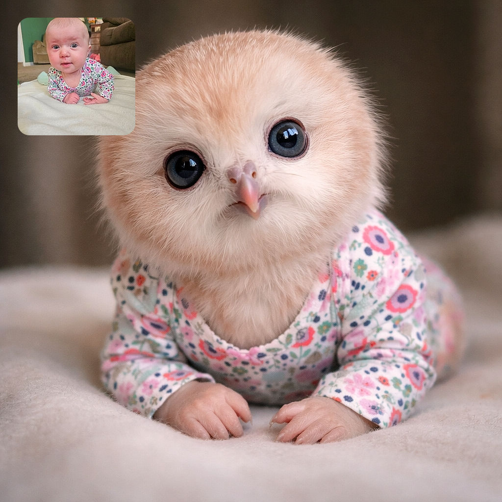 Wide-eyed baby doing peak curiosity during tummy time — floral onesie, chubby hands planted like little pillars, and a living-room throne of couches and framed photos in the background. Looks like someone just discovered the camera and is negotiating snack terms with their eyes.