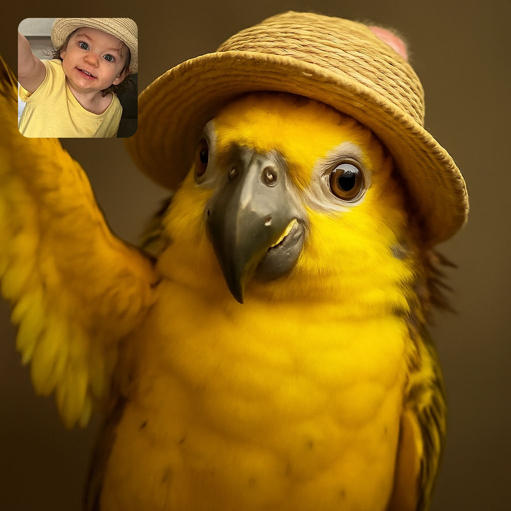 A charming toddler wearing a straw hat and a yellow shirt reaches out towards the camera with a joyful smile, eyes wide with curiosity and wonder, capturing a candid moment of innocent playfulness indoors.