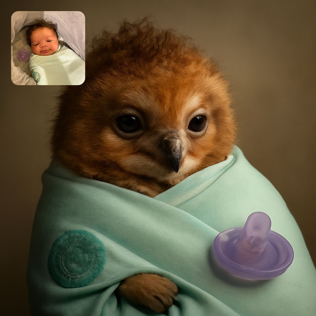A cozy baby wrapped snugly in a soft mint green blanket lies peacefully in a cushioned bassinet, with a purple pacifier resting nearby, looking content and slightly curious.