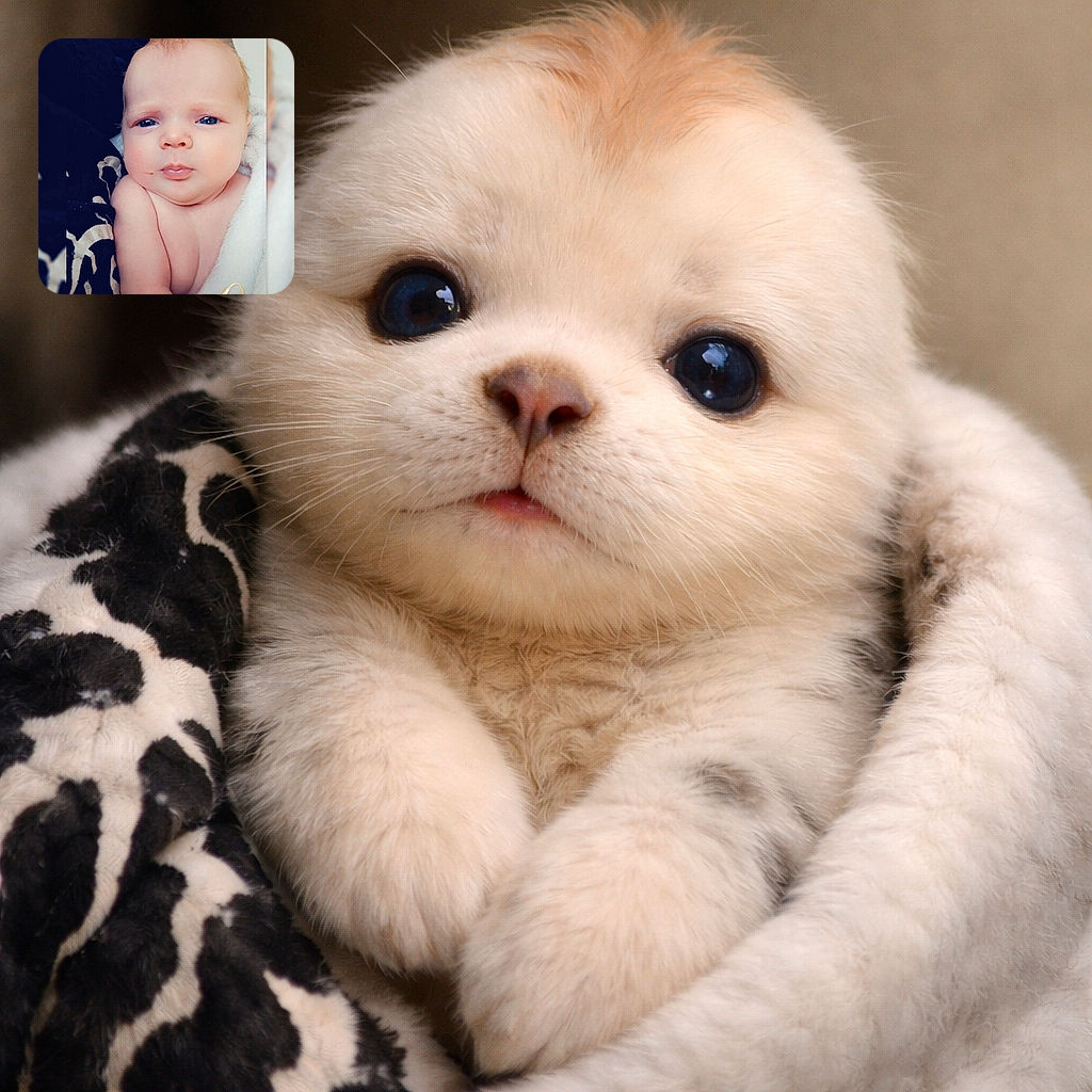 A serious-faced newborn who looks like they just solved the meaning of life — propped in a fluffy blanket with a patterned fabric backdrop and a fancy gold "love" sticker announcing its devotion. Eyes slightly squinty, cheeks gloriously squishy, and an adorable pout that steals the spotlight.