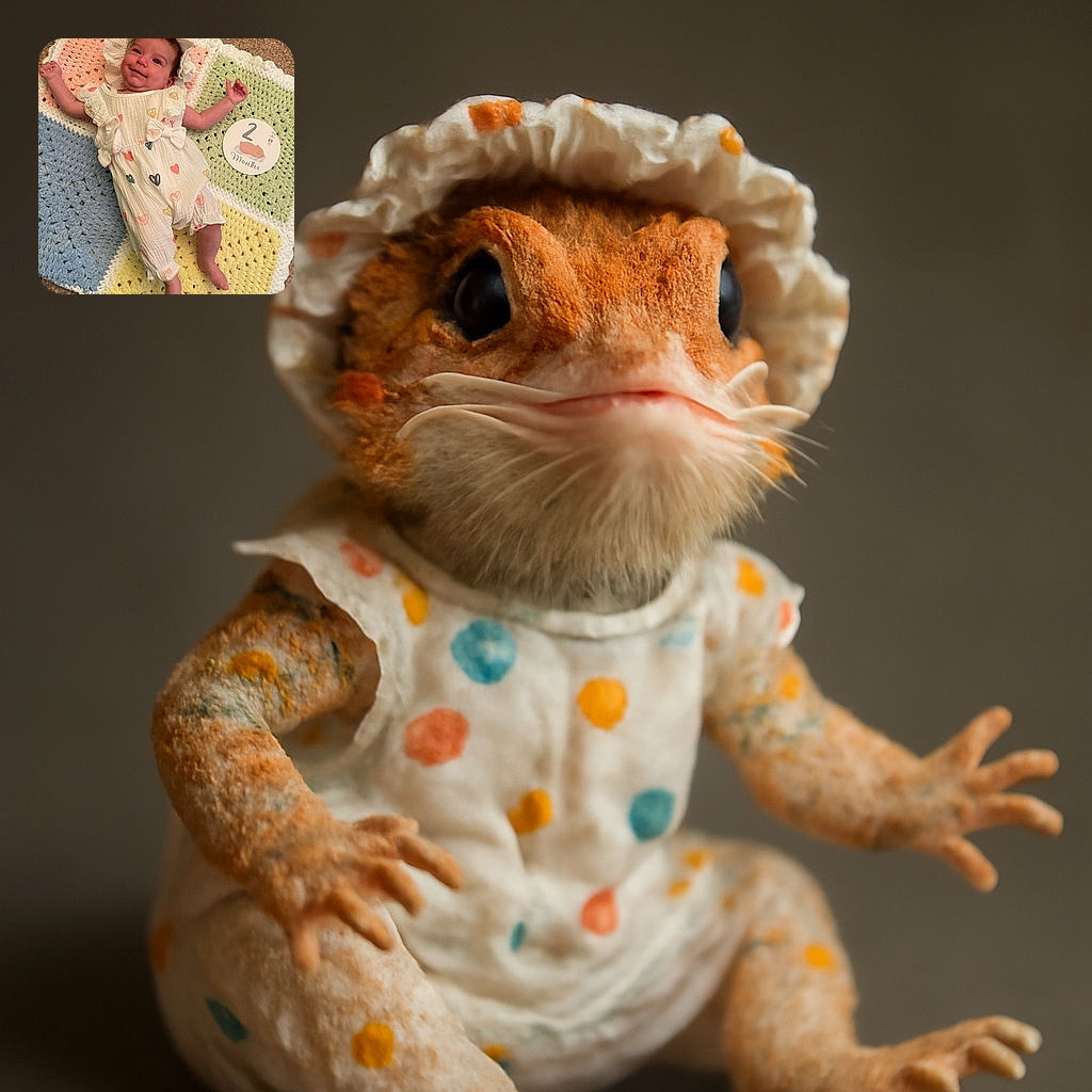 A cheerful baby dressed in a cute heart-patterned romper and matching bonnet lies on a colorful crocheted blanket, smiling sweetly with arms spread wide, next to a '2 Months' milestone sign featuring a sleepy bear illustration.